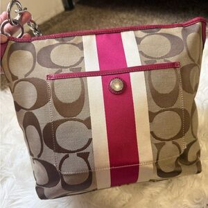 Coach Brown and Pink Stripe Shoulder Bag